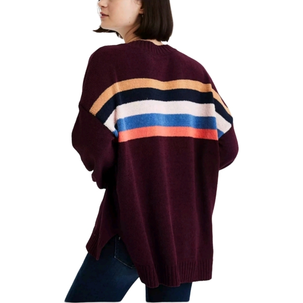 American Eagle Maroon Multicolor Stripes Plush Retro Crewneck Sweater Size L/XL